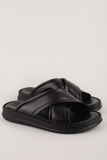 Men's Genuine Leather Daily Comfortable Sole Slipper Hkm.29 Black
