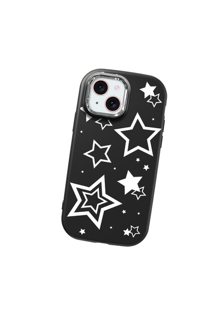 iPhone 15 Compatible Camera Protected Black Soft Silicone Phone Case Star Patterned