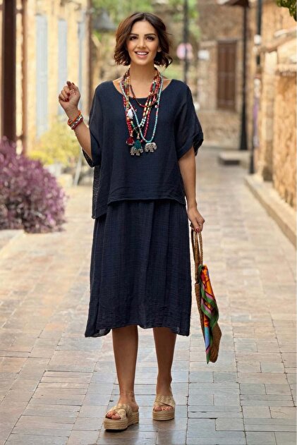 Nevin Kaya Moda Navy Blue Double-Layer 100% Cotton Linen Italian Dress-  Trendyol