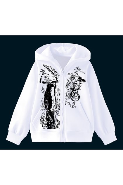Modal Kumaş Relax Fit Uzun Kollu Cepli Kapşonlu Fermuarlı Beyaz Kadın Sweatshirt