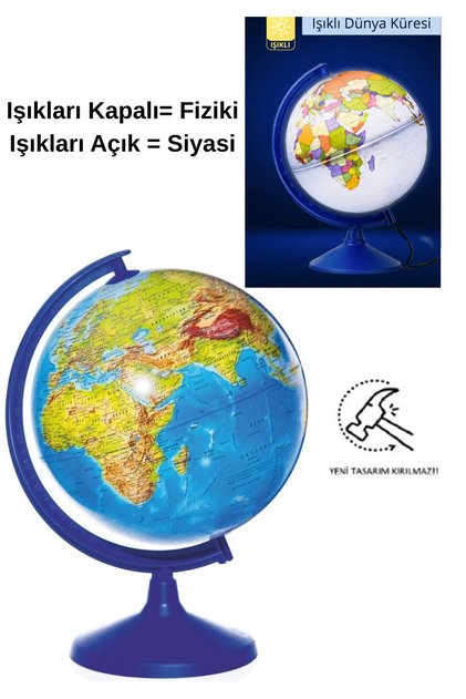 Işıklı Hem Siyasi Hem Fiziki Dünya Küresi Dekoratif Harita Dünya Atlası Küre 20 cm Kırılmaz Tasarım