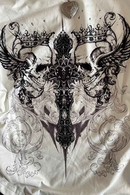 Köstebek Beyaz Gotik Aesthetic Skulls Cross Ekli Bağlamalı Y2K