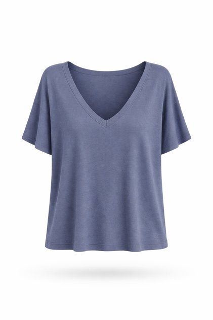 V-Neck Ribbed Knit Drapey T-Shirt Top Women Indigo