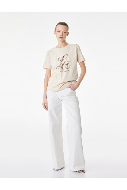 Beige Cotton Short Sleeve Crew Neck T-Shirt With Leopard Printed Detail