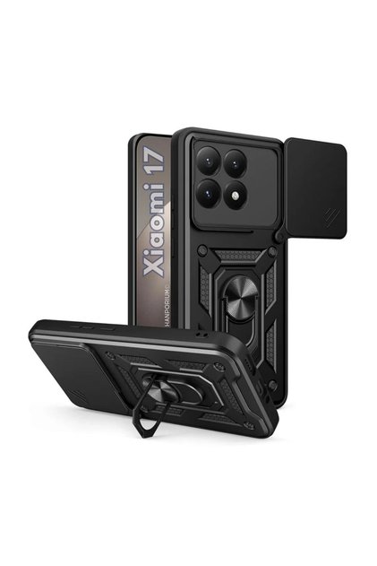 Xiaomi 17 Compatible Tank Case - Extra Impact Protection Armored Outdoor Cover with Ring Stand - Black