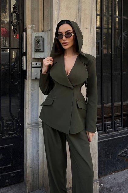 Khaki Hooded Detailed Blazer Jacket Trousers Suit
