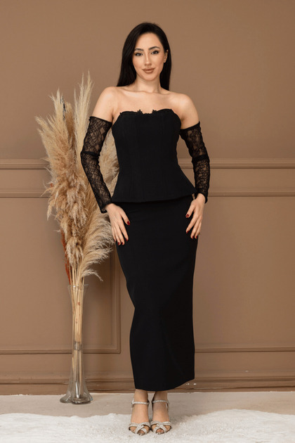 Atlas Lace Detailed Strapless Elibse - Black