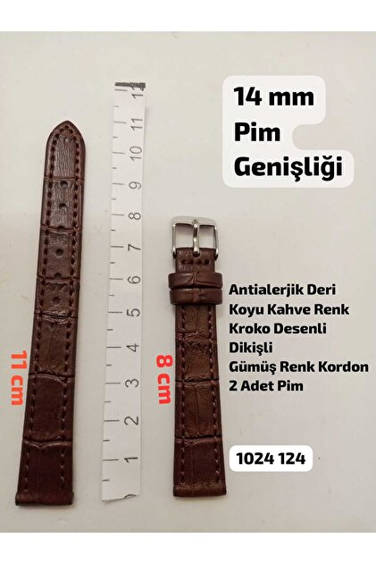 14mm Compatible Watch Band Dark Brown Color Crocodile Patterned Model Silver Color Buckle