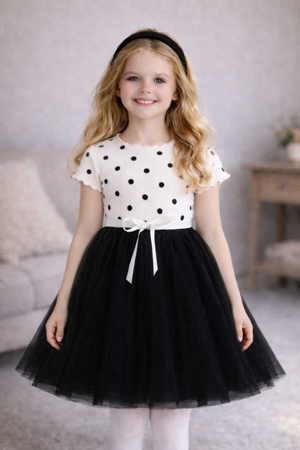 Linda Short Sleeve Girl's Princess Fluffy Ecru Black Dress Polka Dot Li Stretchy Stretch Fabric Tü Tulle Ü Dress