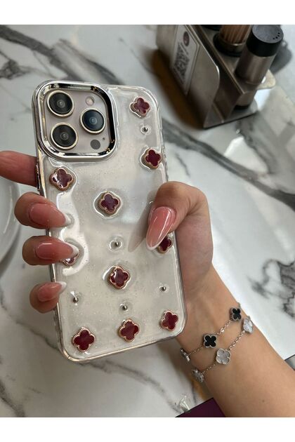 5 Colors Clover Stone Glittery Transparent iPhone 15 Pro Max Compatible Phone Case Luxury Clover Design