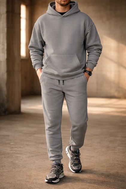 Men's Gray Relaxed Fit Tracksuit Set 3 Thread Brushed Inside Thick Fabric Rib Knit Leg Drawstring Waist