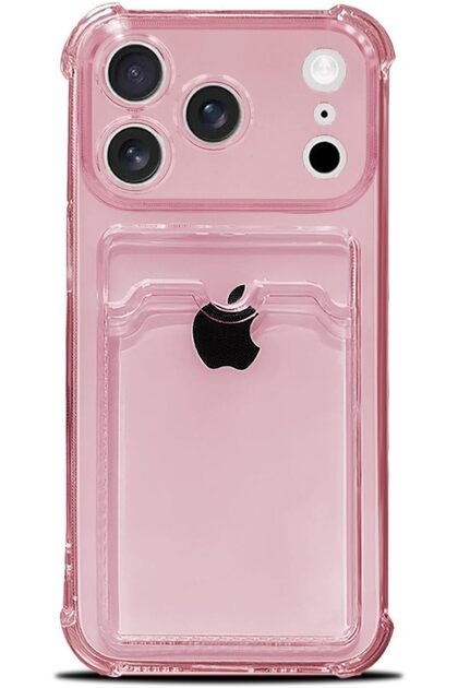 iPhone 17 Pro Compatible Camera Protected Anti-Impact Pink Case with Card Holder Corners Airbag Design