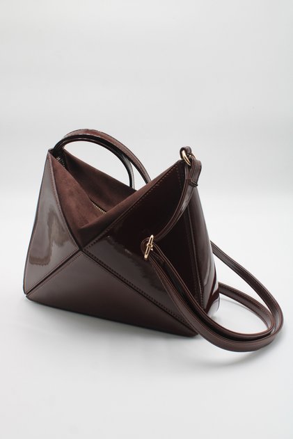 Women's Brown Patent Leather Multi-Use Triangle Detailed Crossbody Hand and Shoulder Bag