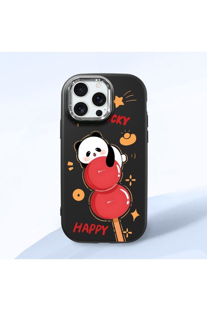 iPhone 16 Pro Max Compatible Shock-Absorbing Camera Protected Black Silicone Case Panda Patterned