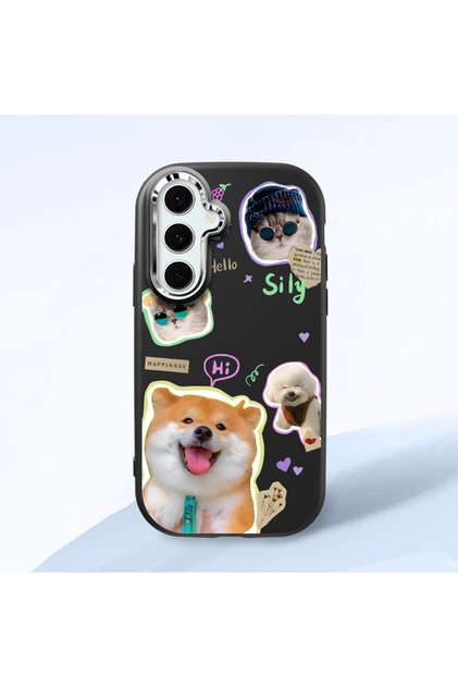Samsung Galaxy S24 Fe Compatible Black Silicone Case with Shock-Absorbing Camera Protections Dog Patterned