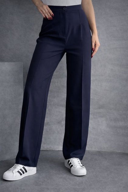 Women's High Waist Classic Navy Blue Fabric Trousers