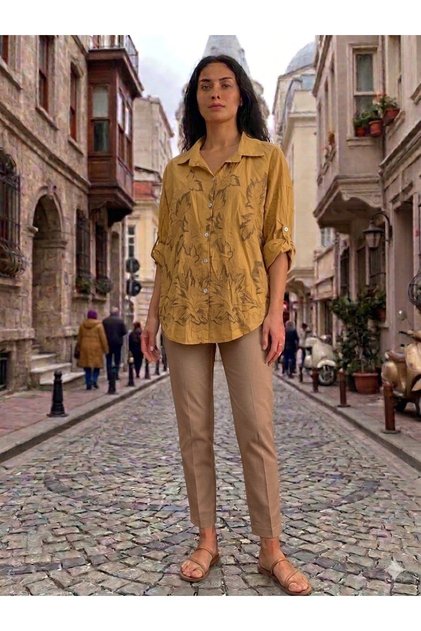 Women's Italian Cappuccino S Glittery Leaf Pattern Embossed Embroidery Pattern 100% P Cotton Shirt