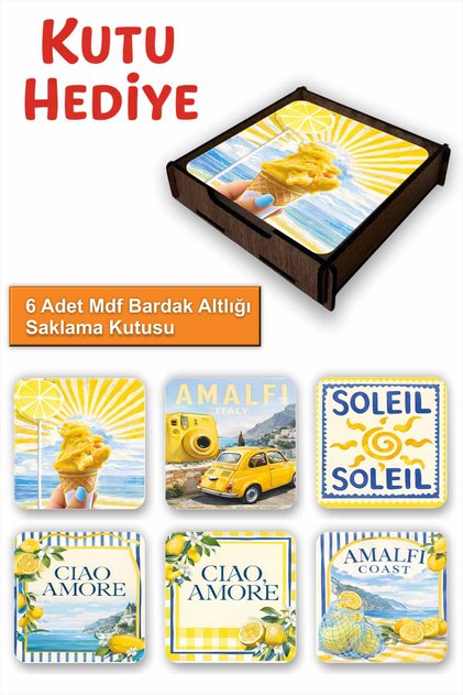 Amalfi Lemon Themed Set of 6 Mdf Coasters – Decorative Coasters with Wooden Storage Box