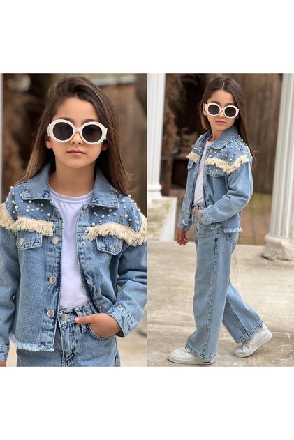 Girl's Stoned Tassel Detailed Holiday Outfit Comfortable Fit Jacket Pants Thsort Holiday Set