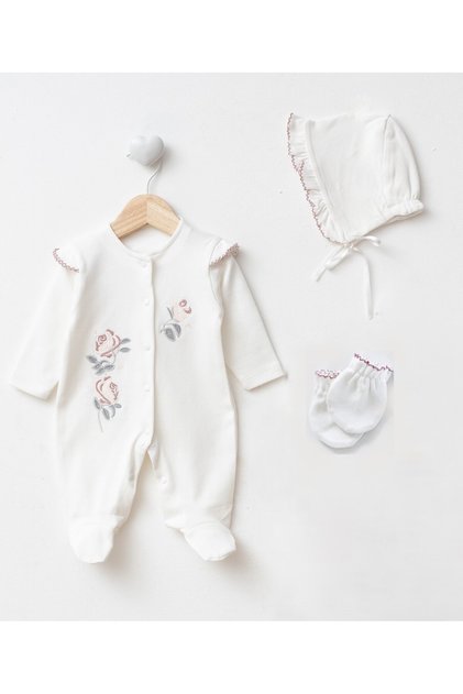 Newborn Baby Girl Hospital Release Set of Cotton Rose Embroidered Rompers
