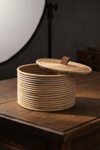 Gouda Leather Strappy Covered Rattan Basket / Box 24X24Xh17