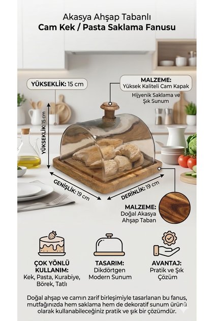 Madera Rectangular Cake Pan with Acacia Wood Base and Glass Cover 15X19X19 cm