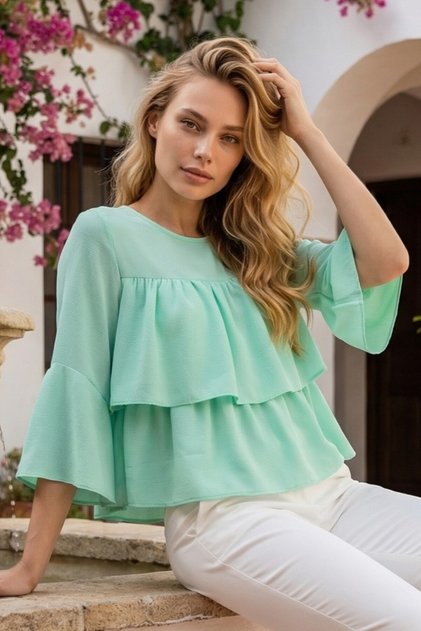 Women's Layered Front, Three-Quarter Sleeves, Woven Fabric Relaxed Fit Bluz