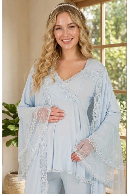 New Season Blue Long Sleeve Design Elegant Lace Detailed Maternity Pajama Set 3-Piece Set