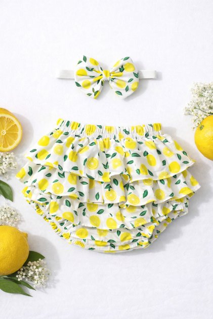 Baby Girl Yellow Lemon Patterned Ruffle Shorts & Bandana Set