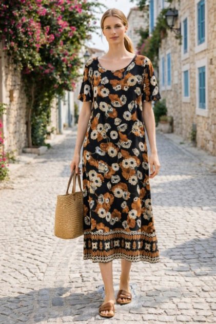 Women's Round Neck Patterned Side Pocketed Casual Relaxed Cut Short Sleeve Dress