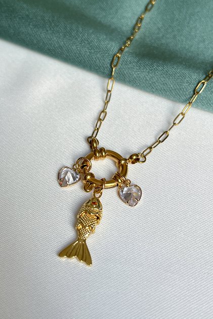 Love & Abundance Moving Fish and Heart Detailed Steel Necklace