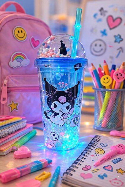 HediyeFilesi Kuromi Water Bottle with Straw, Ice Glass Look, Led