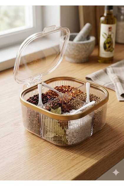 Kitchen Multi-Purpose 4-Chamber Transparent Spice Rack with Lid and 4 Spoons with Gold Detail