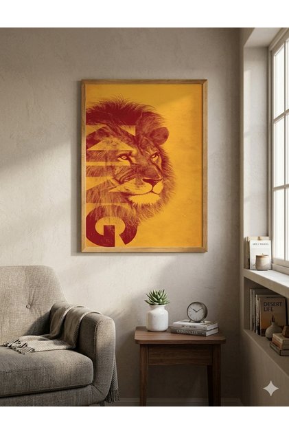 Sarı Kırmızı Aslan Temalı Duvar Tablosu – Çerçeve Görünümlü Dekoratif Taraftar Ahşap UV Baskı