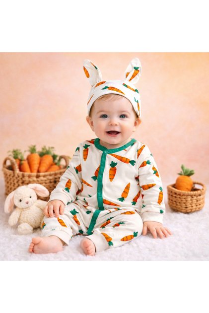 Murat Baby Unisex Carrot Patterned 100% Cotton Baby Rompers Hat Set of 2