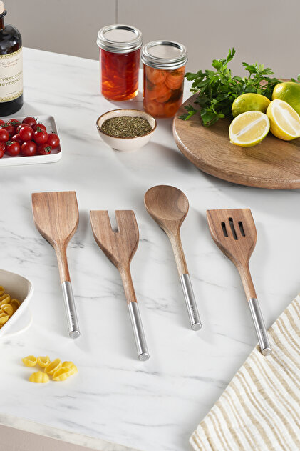 Timber 4-Piece Acacia Serving Set - Steel Strappy Serving Utensils