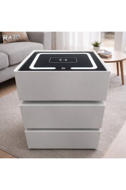 Noptiera inteligenta, Multifunctionala cu LED, Incarcare wireless, Bluetooth, 3 sertare, Gri deschis