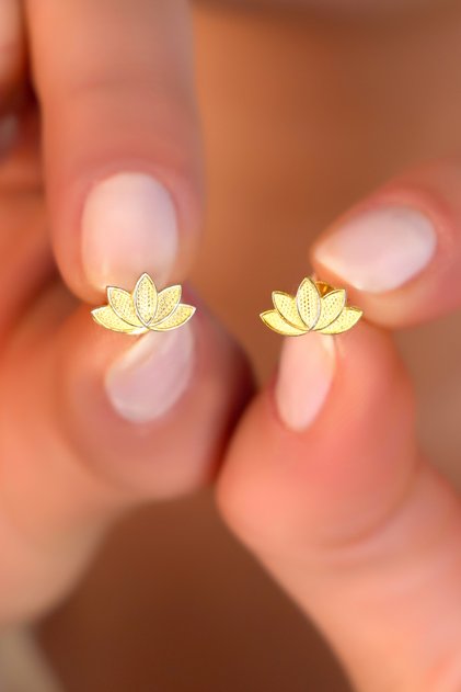 925 Ayar Gümüş ,Gold Kaplamalı Lotus Tasarım Küpe