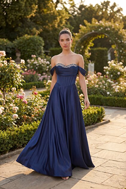 Lafaba Women's Navy Blue Boat Neck Stoned Long Promise Engagement Wedding Evening Dress- Trendyol Lafaba Women's Navy Blue Boat Neck Stoned Long Promise Engagement Wedding Evening Dress- Trendyol
