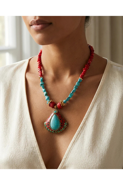 Natural Stone Jewelry Red Coral and Turquoise Stone Ceramic Pendant Bohemian Women's Necklace