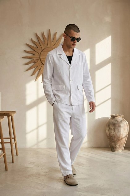 Men's Linen Jacket Boyfriend Pants White Bottom Top Set Elastic Lace-Up Relaxed Cut Ls-5524