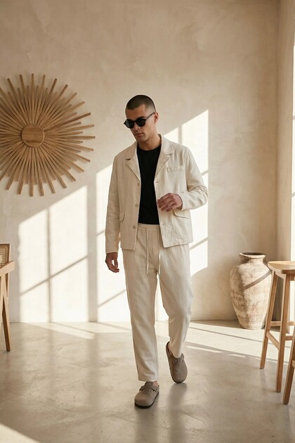 Men's Linen Jacket Boyfriend Pants Beige Bottom Top Set Elastic Lace-Up Relaxed Cut Ls-5524