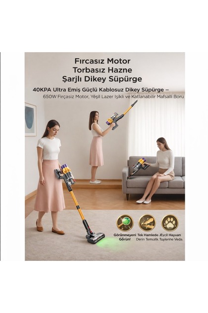 SMAYLİNG Şarjlı Dikey Süpürge 650 Watt Fırçasız Motor 40 KpA