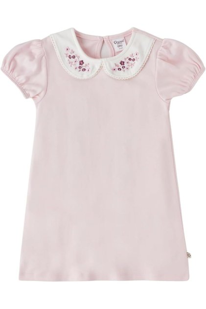 Popees Baby Girl Pink Bamboo Cotton Dress – Floral Embroidered Collar & Puff Sleeves | Cute & Comf