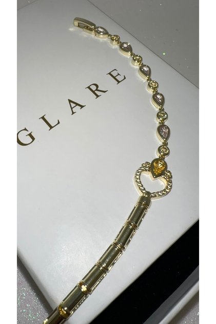 Heart Model Yellow Vintage Stone Detailed Chain Luxury Stainless Steel Gold Bracelet 15+3 cm