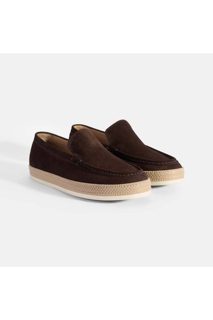 Men's Brown Straw Detail Suede Leather Loafers