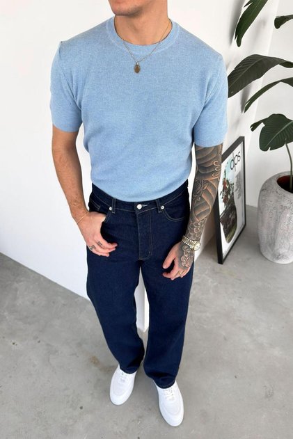 Baby Blue Basic Crew Neck Knitwear Relaxed T-Shirt