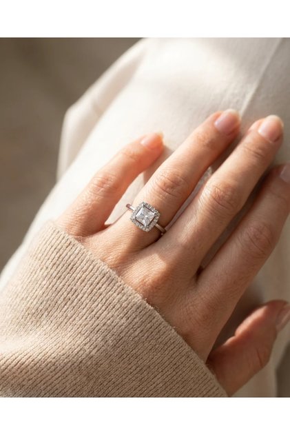 Women's Square Ring Silver Color Baguette and Zircon Stone Adjustable Brass Tarnish Resistant Jewelry