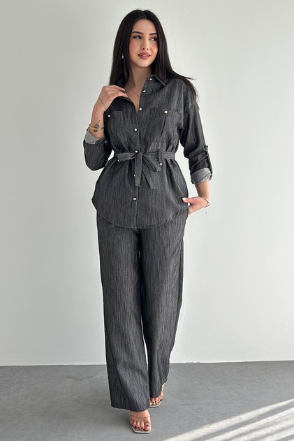 Women's Shirt and Pants Set – Tie-Detail Long Sleeve Stylish Two-Piece Set