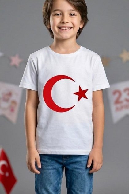 Turkish Flag Children's T-Shirt Unisex Moon Star Short Sleeve White T-Shirt 100% Cotton